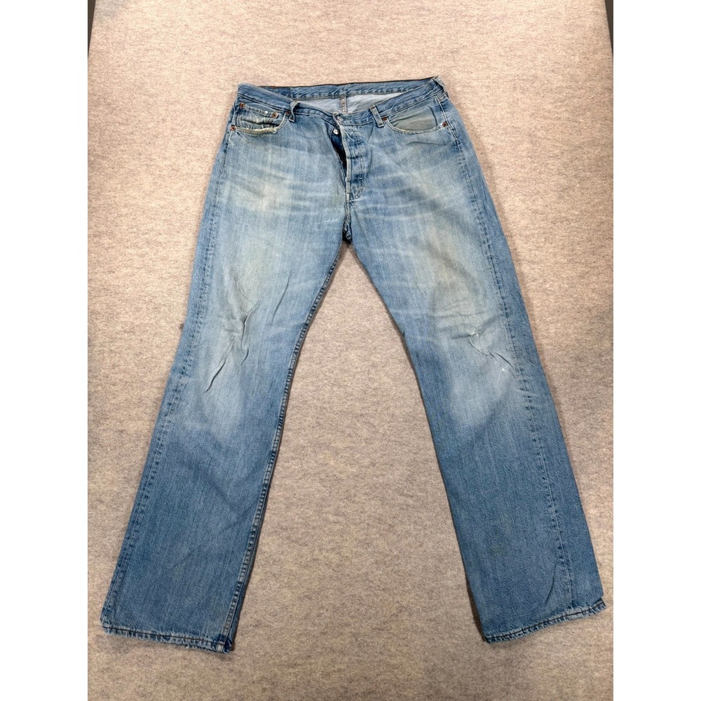 Levis 501 Jeans Mens 36x34 Blue Whisker Denim Cotton Straight Leg Logo Mid Rise